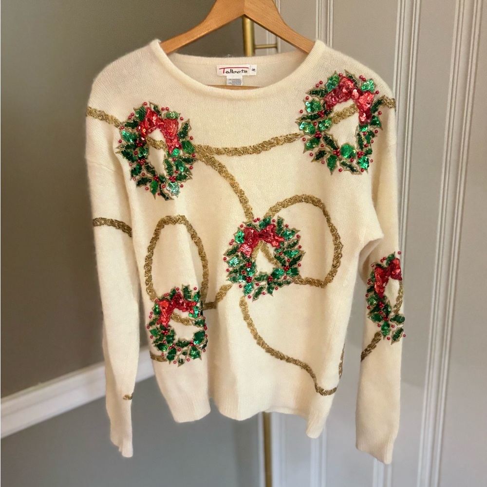 Vtg Talbots Christmas Sweater Lambswool Angora Rabbit Embroidery Sequins S Small